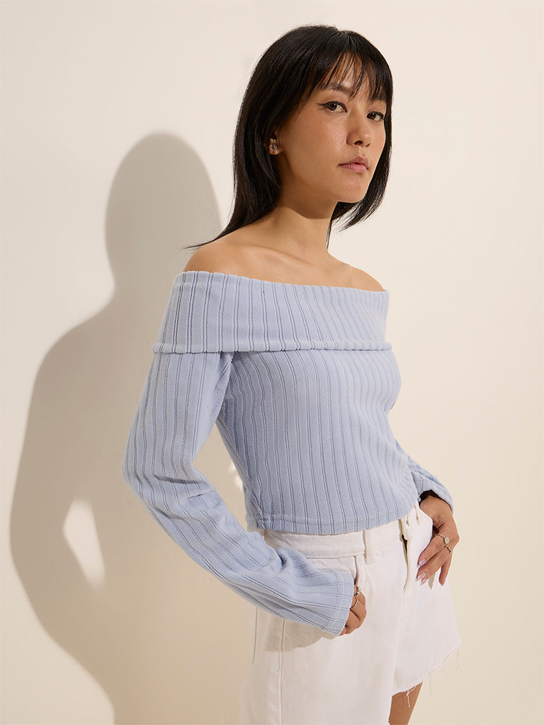 Nuon Blue Self-Striped Off-Shoulder Top