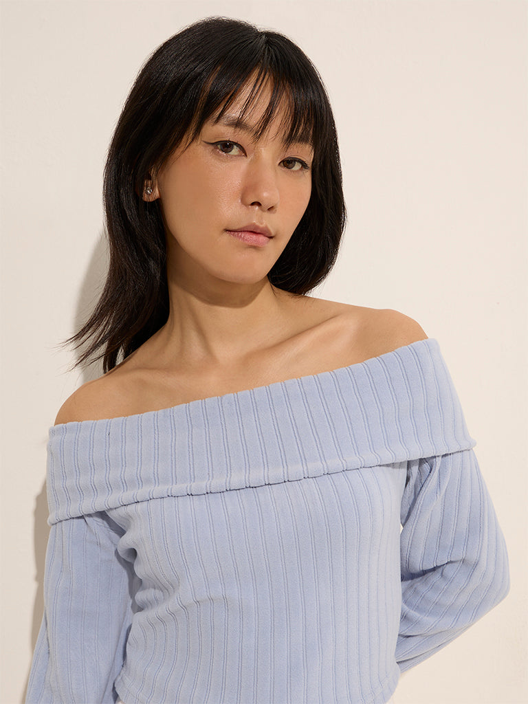 Nuon Blue Self-Striped Off-Shoulder Top