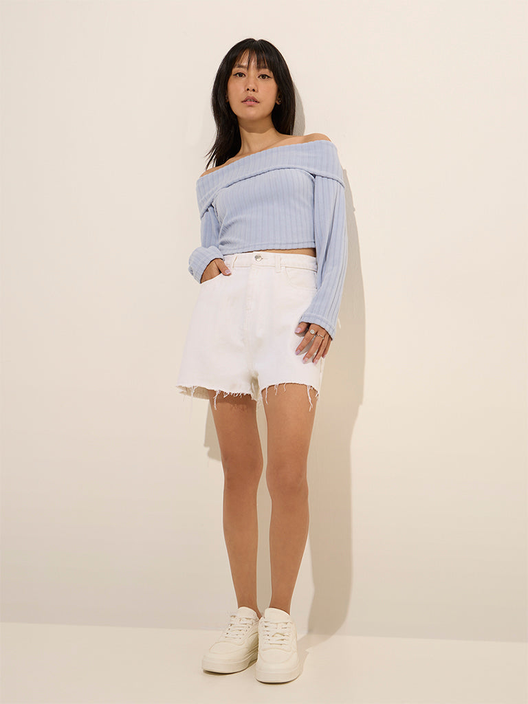 Nuon Blue Self-Striped Off-Shoulder Top