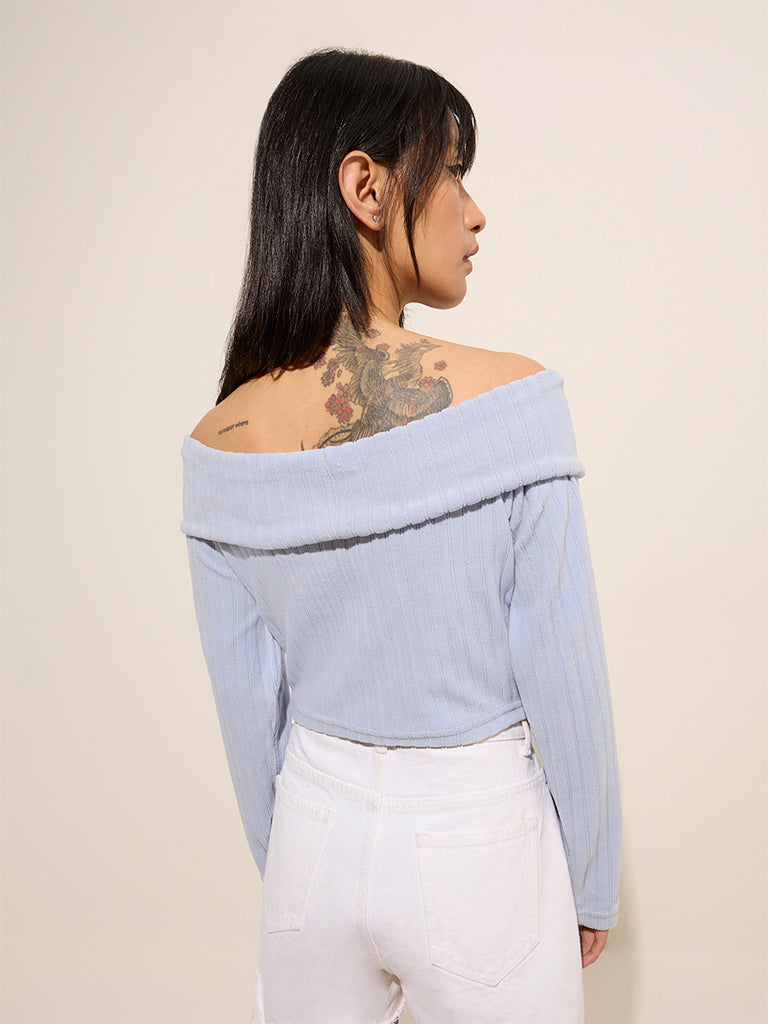 Nuon Blue Self-Striped Off-Shoulder Top