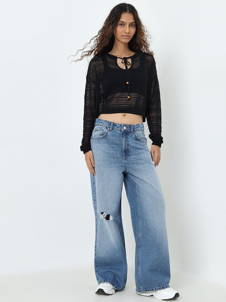Nuon Black Crochet-Detailed Cotton-Blend Top