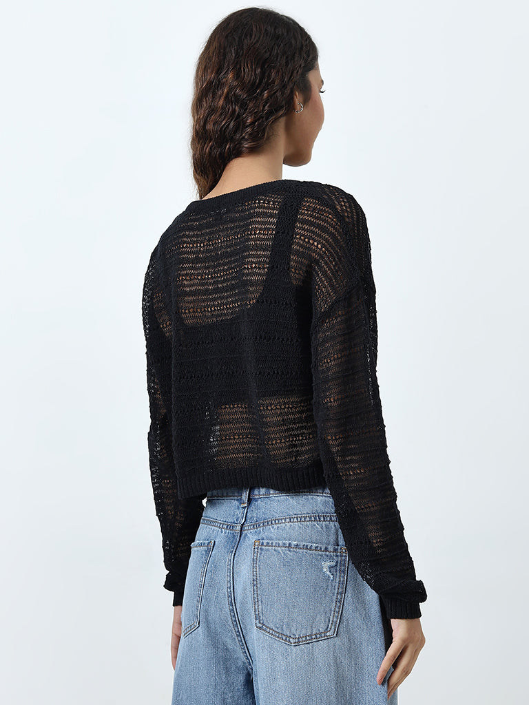 Nuon Black Crochet-Detailed Cotton-Blend Top