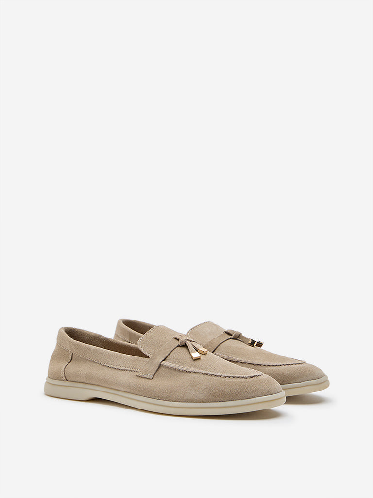 Westside LUNA BLU Women's Ivory Faux Suede Loafers for Work Wear Front View
