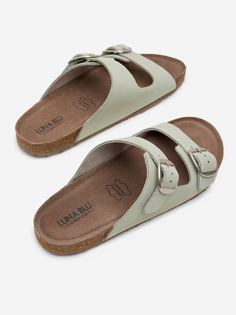 Westside LUNA BLU Women's  Mint Dual-Strap Leather Slip-On Sandals for Casual Wear Zoomed View