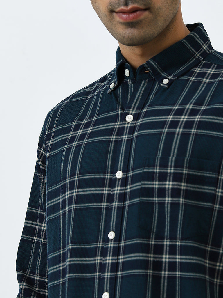 WES Casuals Dark Teal Plaid Relaxed-Fit Cotton Shirt