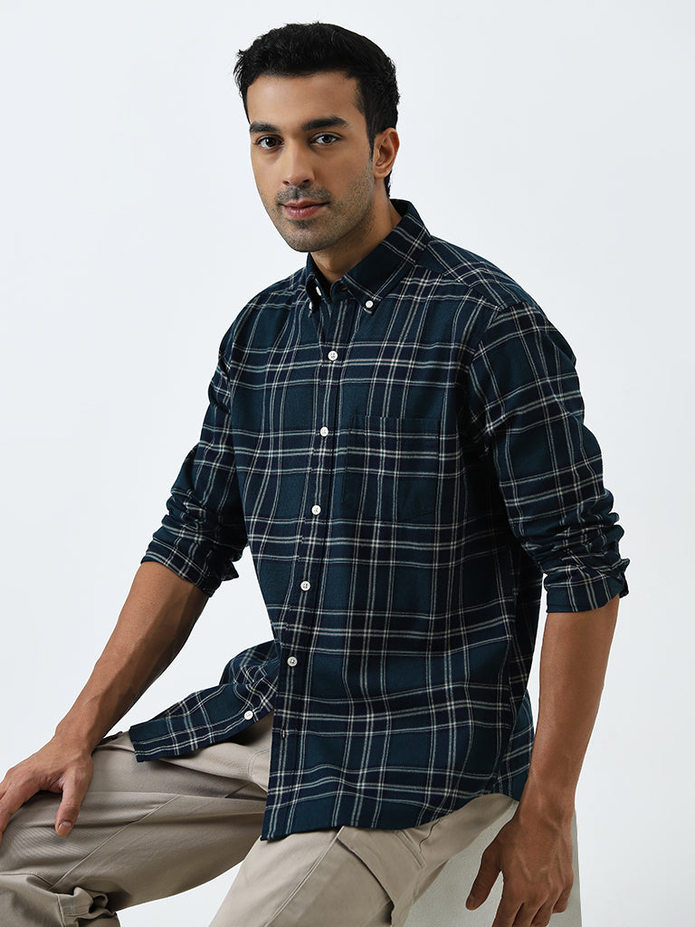 WES Casuals Dark Teal Plaid Relaxed-Fit Cotton Shirt