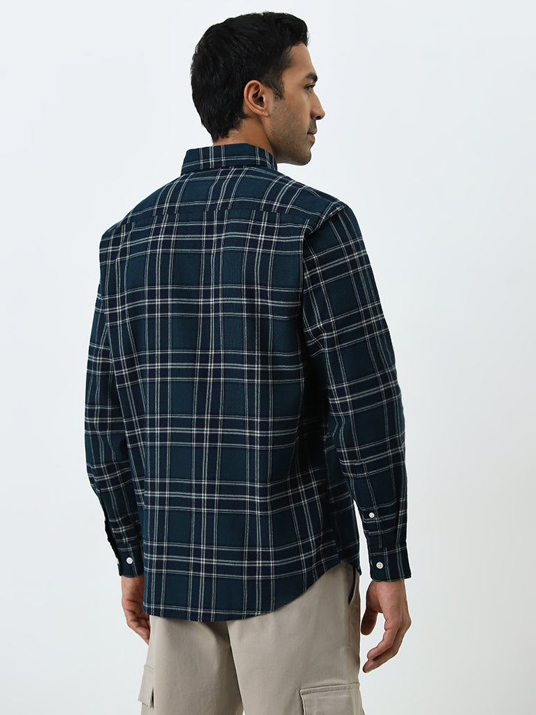 WES Casuals Dark Teal Plaid Relaxed-Fit Cotton Shirt