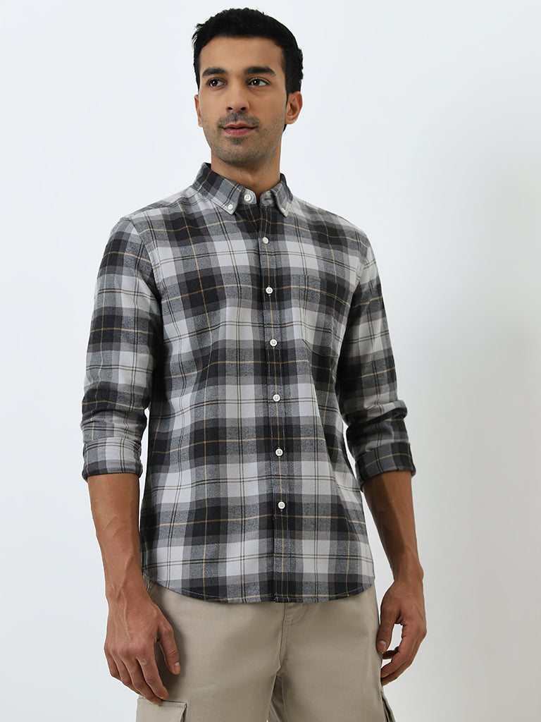 WES Casuals Charcoal Checkered Relaxed-Fit Cotton-Blend Shirt