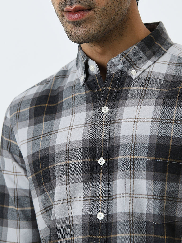 WES Casuals Charcoal Checkered Relaxed-Fit Cotton-Blend Shirt