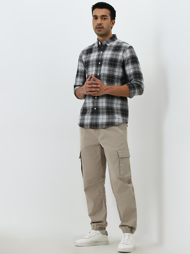 WES Casuals Charcoal Checkered Relaxed-Fit Cotton-Blend Shirt