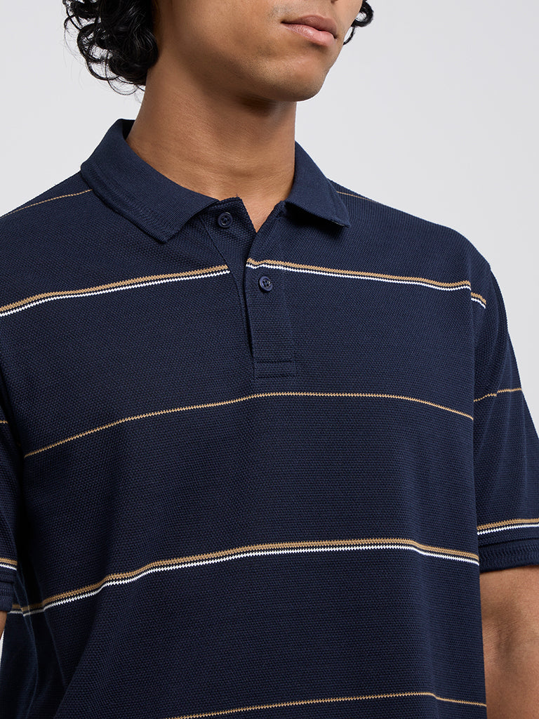 WES Casuals Navy Blue Relaxed-Fit Cotton-Blend Polo T-Shirt