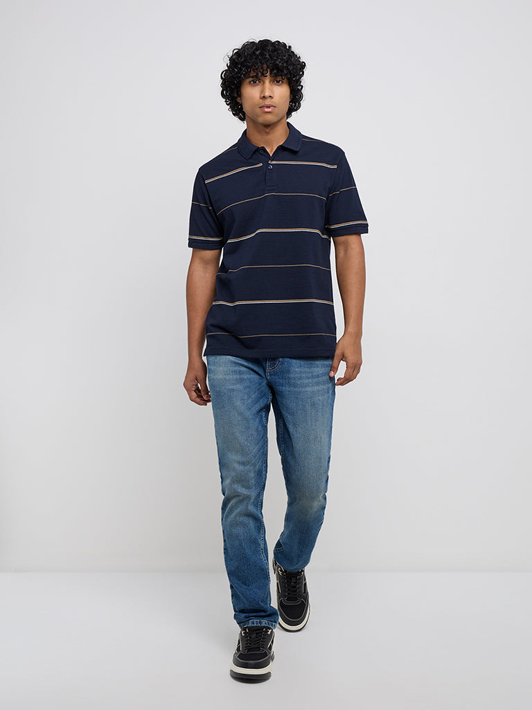 WES Casuals Navy Blue Relaxed-Fit Cotton-Blend Polo T-Shirt
