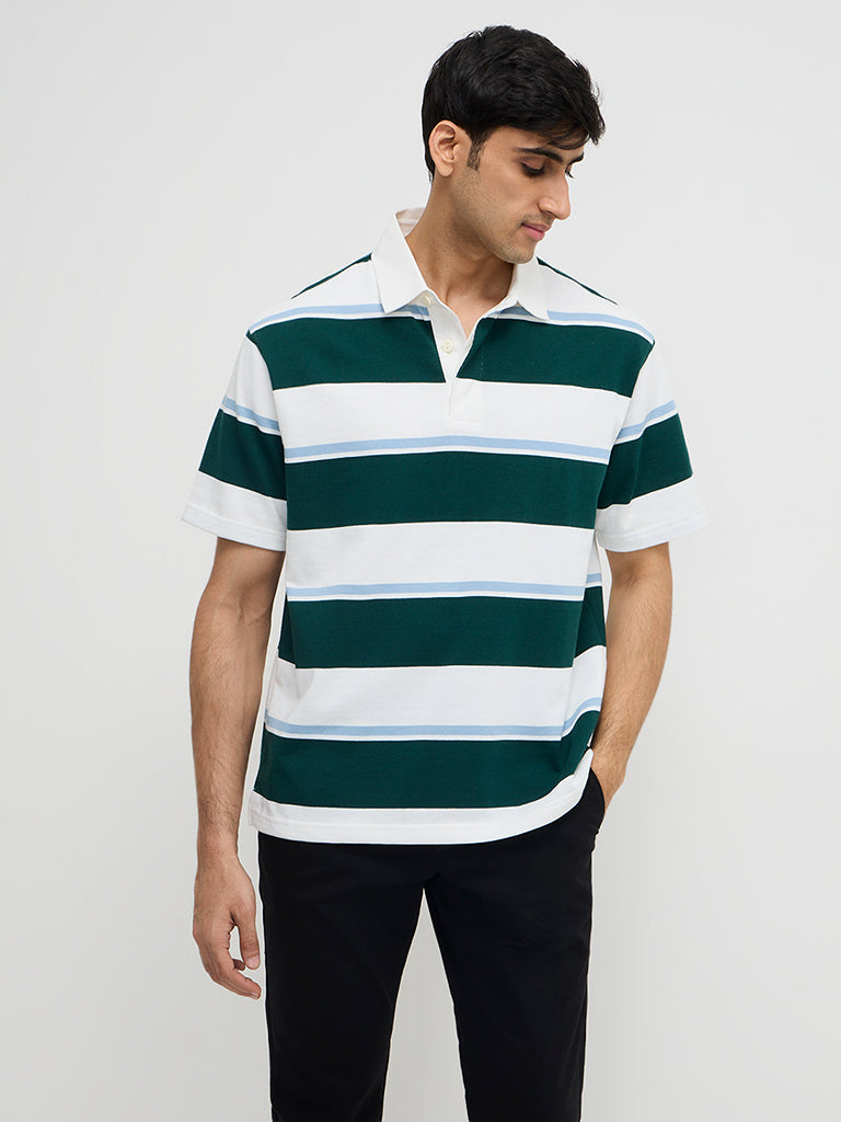 WES Casuals Green Colour-Blocked Relaxed-Fit Cotton-Blend Polo T-Shirt