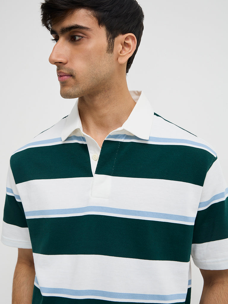 WES Casuals Green Colour-Blocked Relaxed-Fit Cotton-Blend Polo T-Shirt