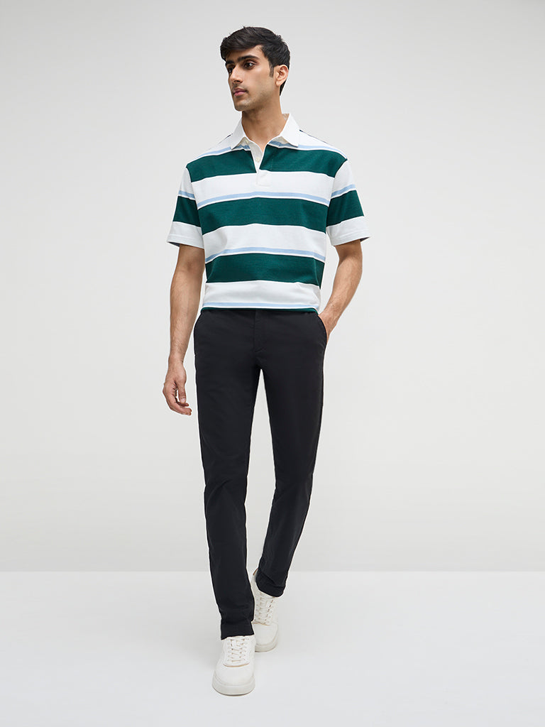 WES Casuals Green Colour-Blocked Relaxed-Fit Cotton-Blend Polo T-Shirt
