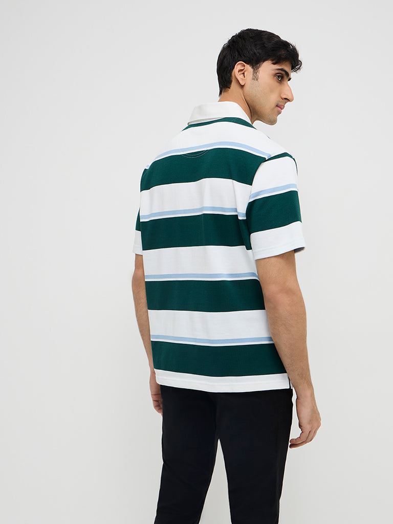 WES Casuals Green Colour-Blocked Relaxed-Fit Cotton-Blend Polo T-Shirt