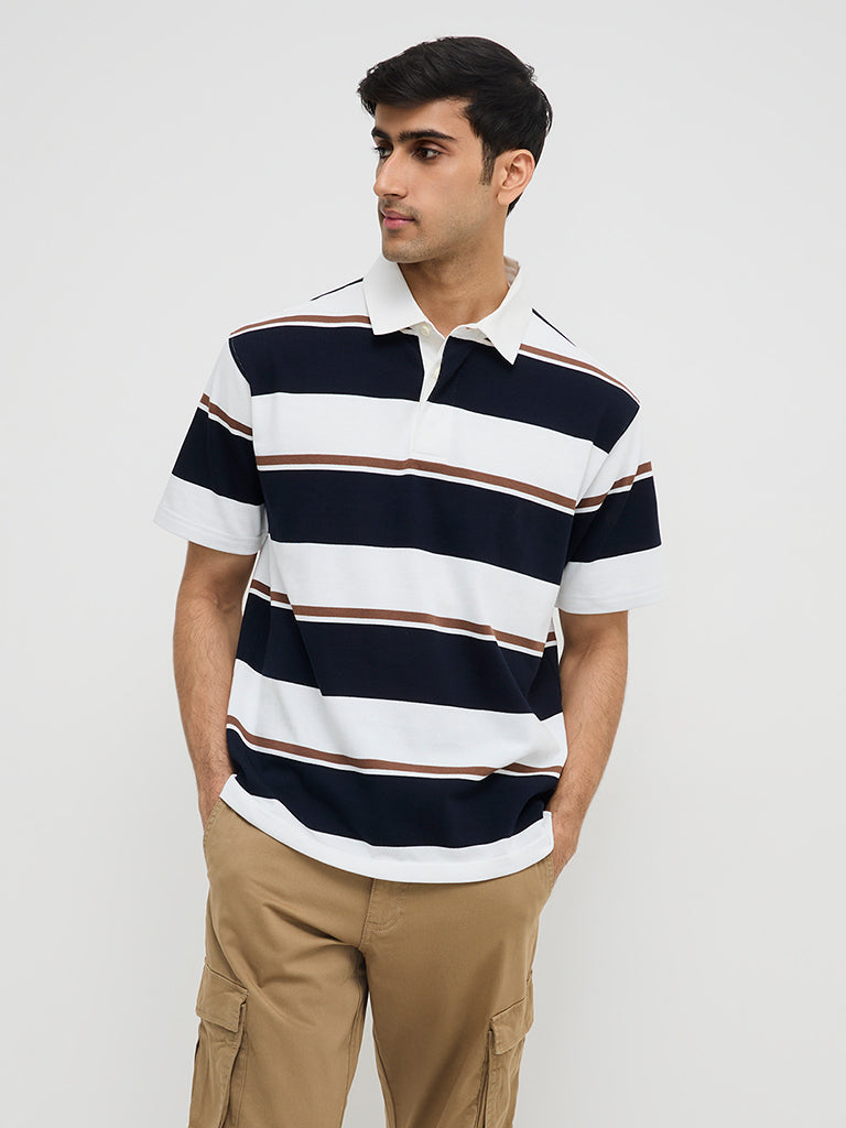 WES Casuals Navy Colour-Blocked Relaxed-Fit Cotton-Blend Polo T-Shirt