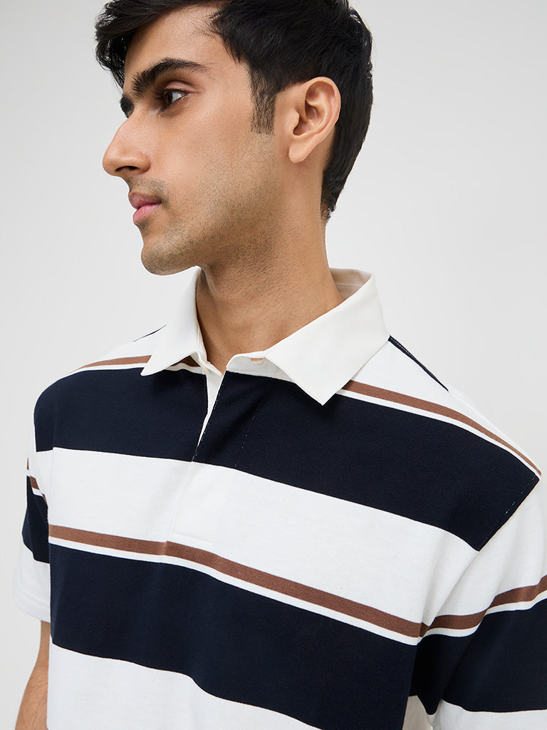 WES Casuals Navy Colour-Blocked Relaxed-Fit Cotton-Blend Polo T-Shirt