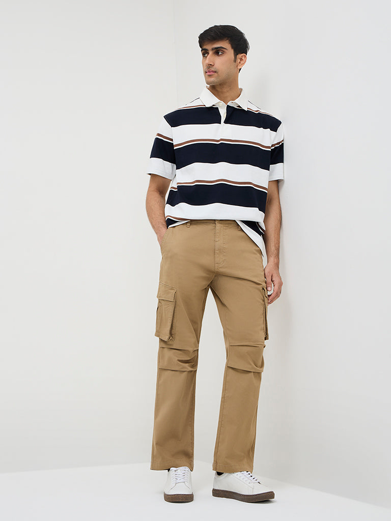 WES Casuals Navy Colour-Blocked Relaxed-Fit Cotton-Blend Polo T-Shirt