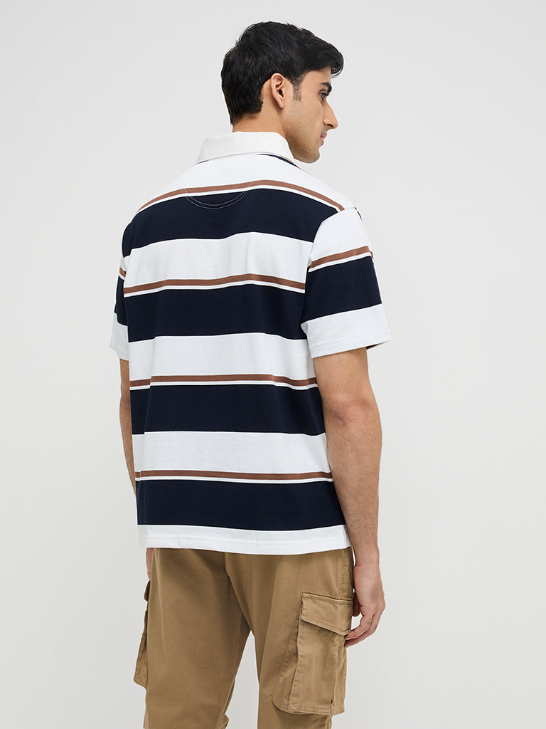 WES Casuals Navy Colour-Blocked Relaxed-Fit Cotton-Blend Polo T-Shirt