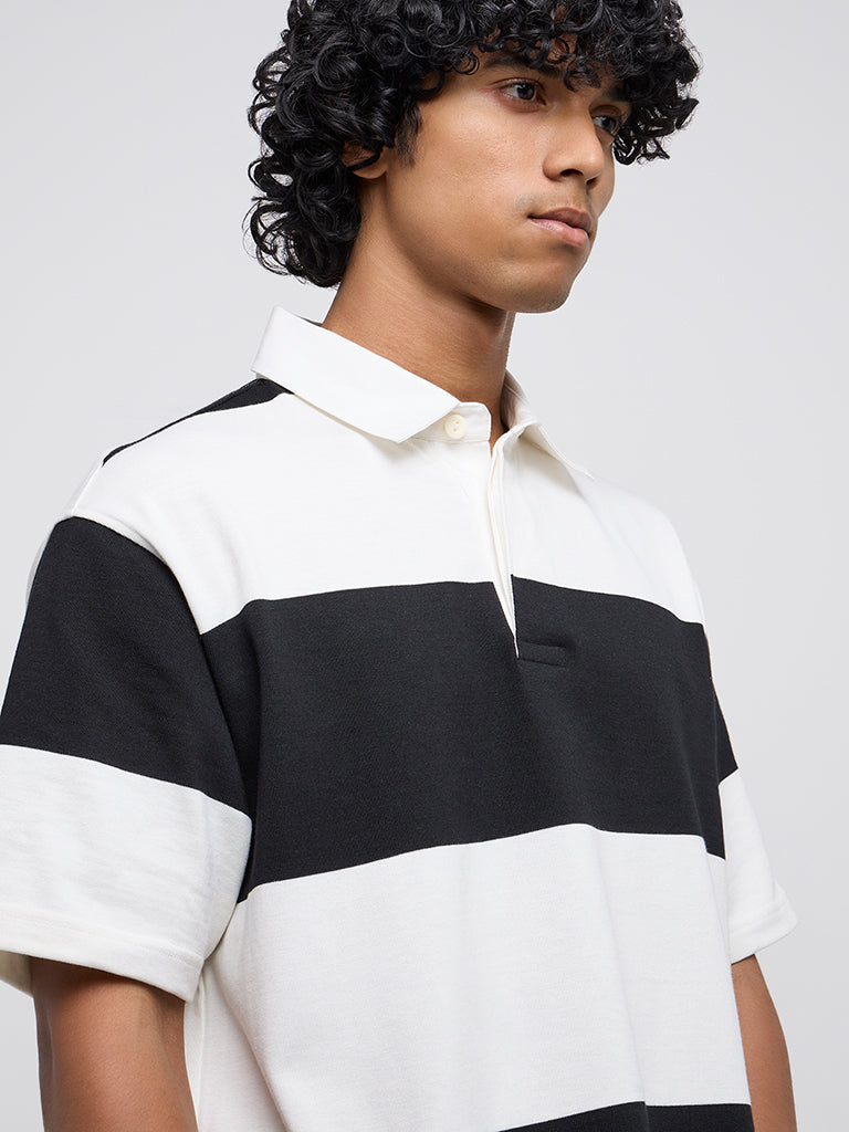 WES Casuals Black Striped Relaxed-Fit Cotton-Blend Polo T-Shirt