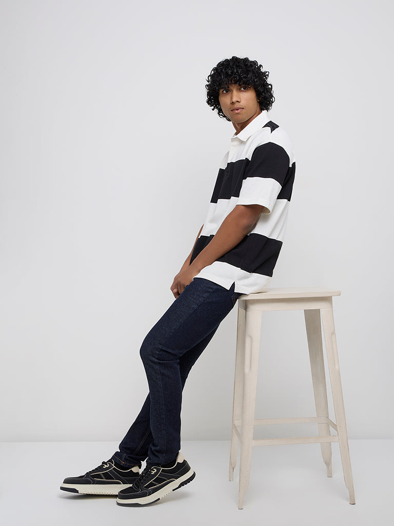 WES Casuals Black Striped Relaxed-Fit Cotton-Blend Polo T-Shirt