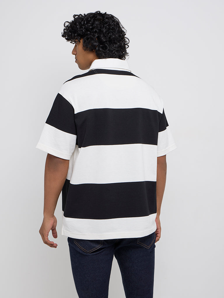 WES Casuals Black Striped Relaxed-Fit Cotton-Blend Polo T-Shirt