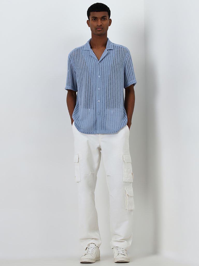 Nuon Blue Knit-Textured Relaxed-Fit Shirt