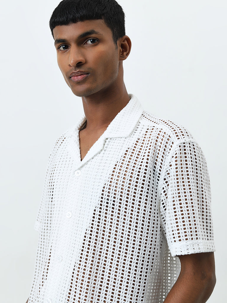 Nuon White Crochet Detailed Relaxed-Fit Shirt
