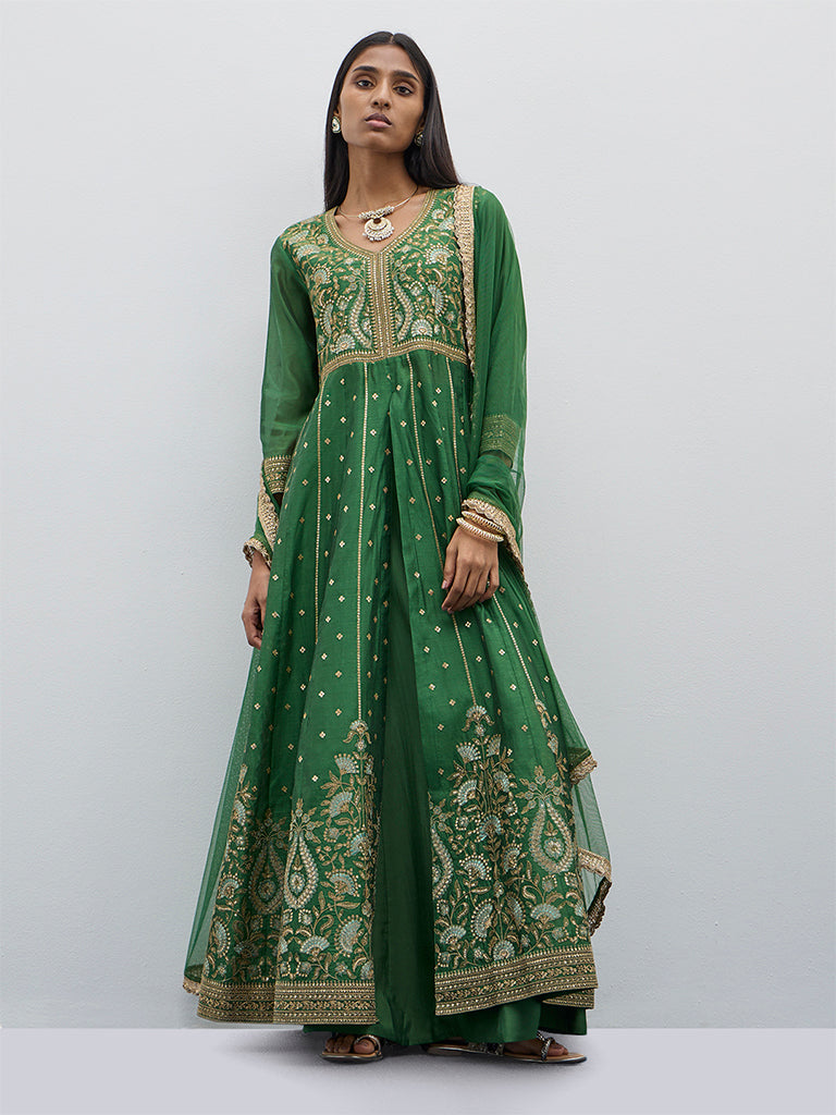 Buy Vark Green Zari Embroidered Kurta Skirt and Dupatta Set from Westside