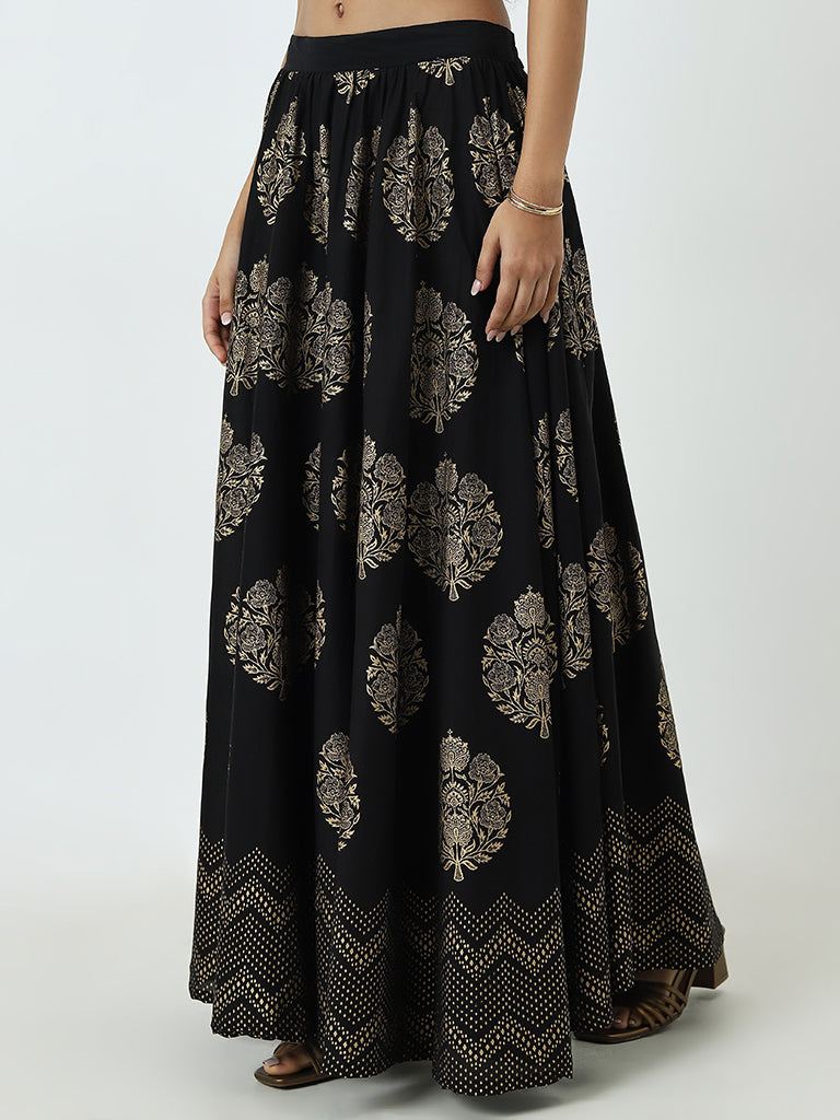 High waisted black floral skirt sale