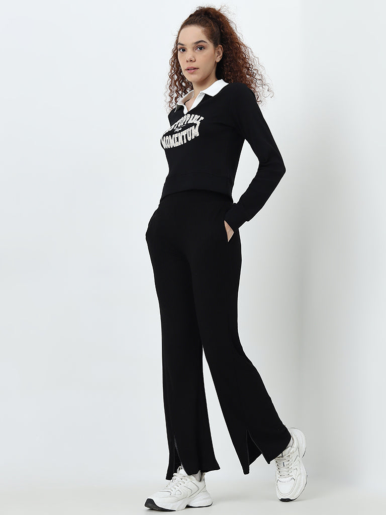 Buy Studiofit Black Ribbed Textured High Rise Track Pants from Westside
