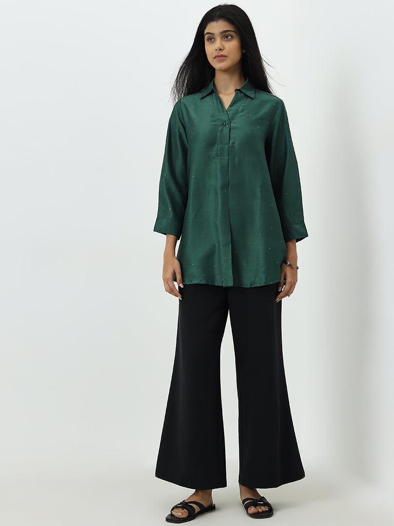 Dark green shirt with black jeans on sale