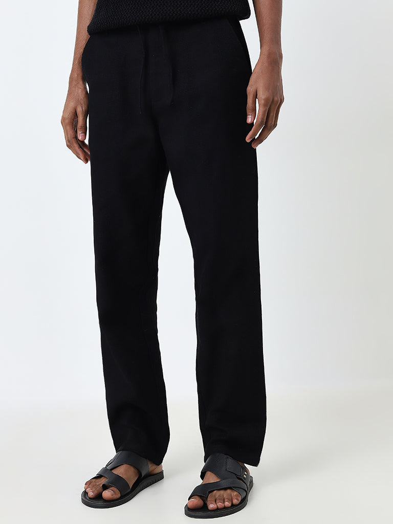 ETA Black Textured Relaxed-Fit Mid-Rise Cotton Pants