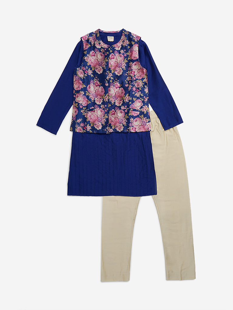 Westside Utsa Kids Blue Kurta, Jacket and Pants Set - (8 - 14yrs) for Ethnic Wear Front View