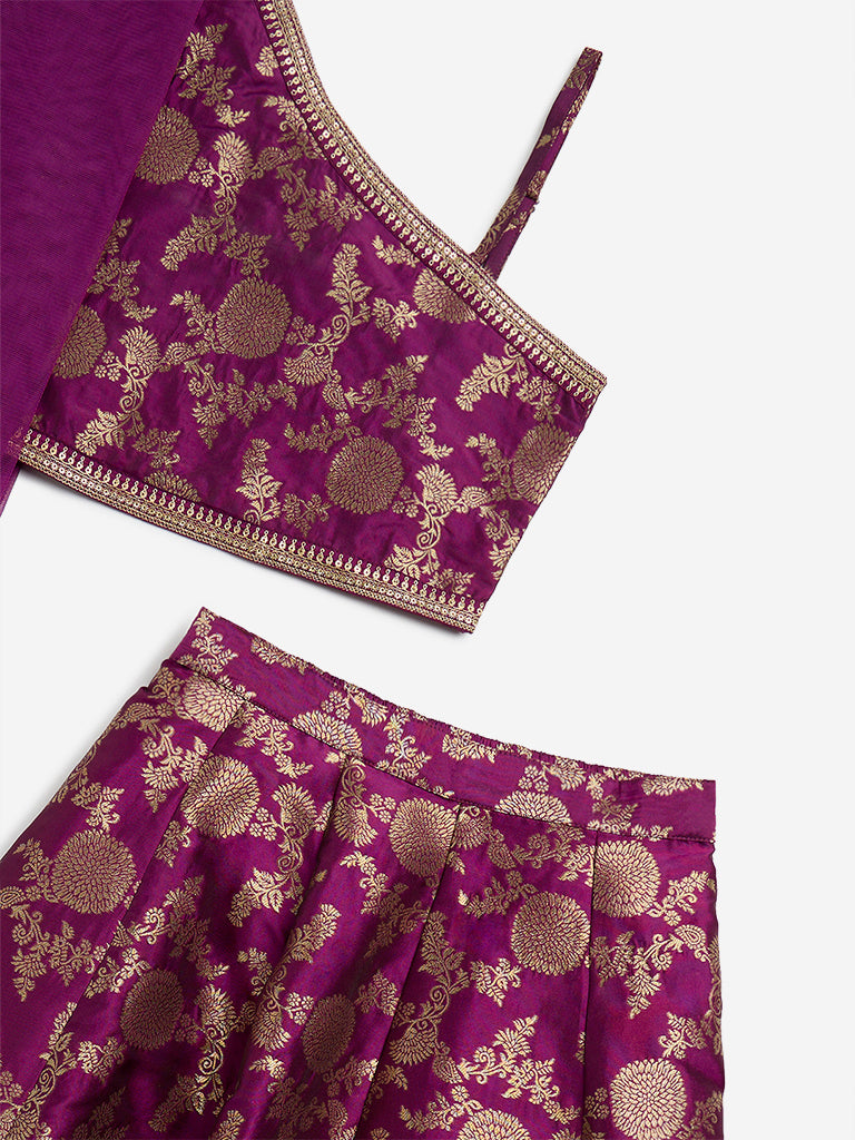 Westside Utsa Kids Purple Embroidered Choli, Ghagra and Dupatta Set - (8 - 14yrs) for Ethnic Wear Zoomed View