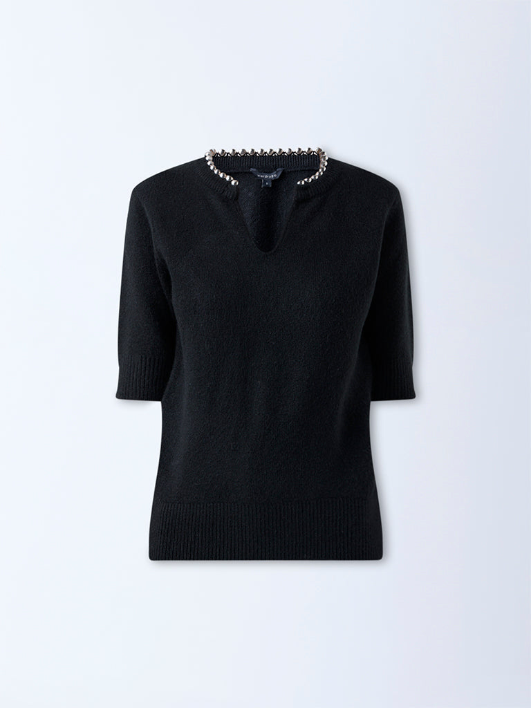 Wardrobe Black Pearl Embellished Knitted Top