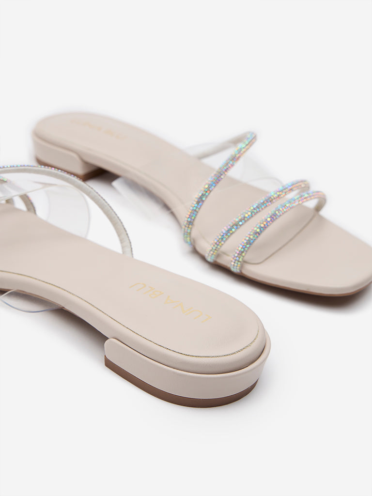 Westside LUNA BLU Women's Ivory Diamante-Detailed Slides for Casual Wear Zoomed View