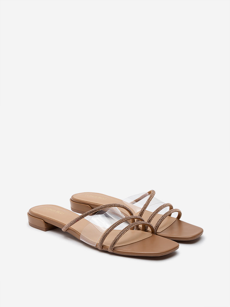 Westside LUNA BLU Women's Tan Diamante-Detailed Slides for Casual Wear Front View