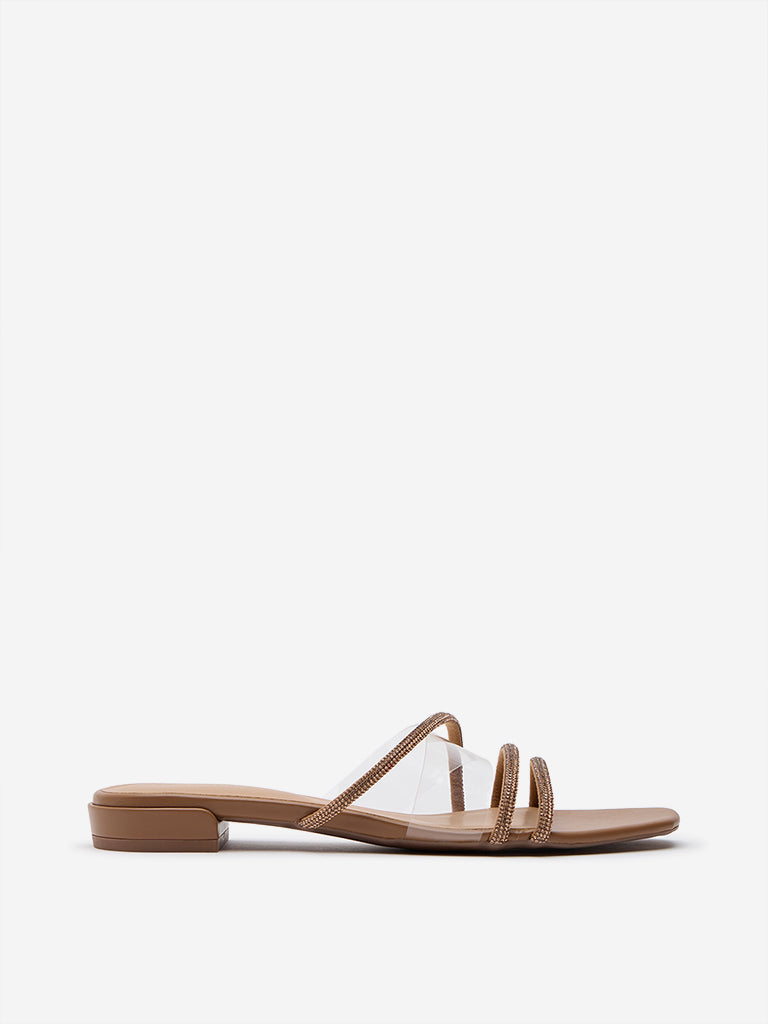 Westside LUNA BLU Women's Tan Diamante-Detailed Slides for Casual Wear Side View