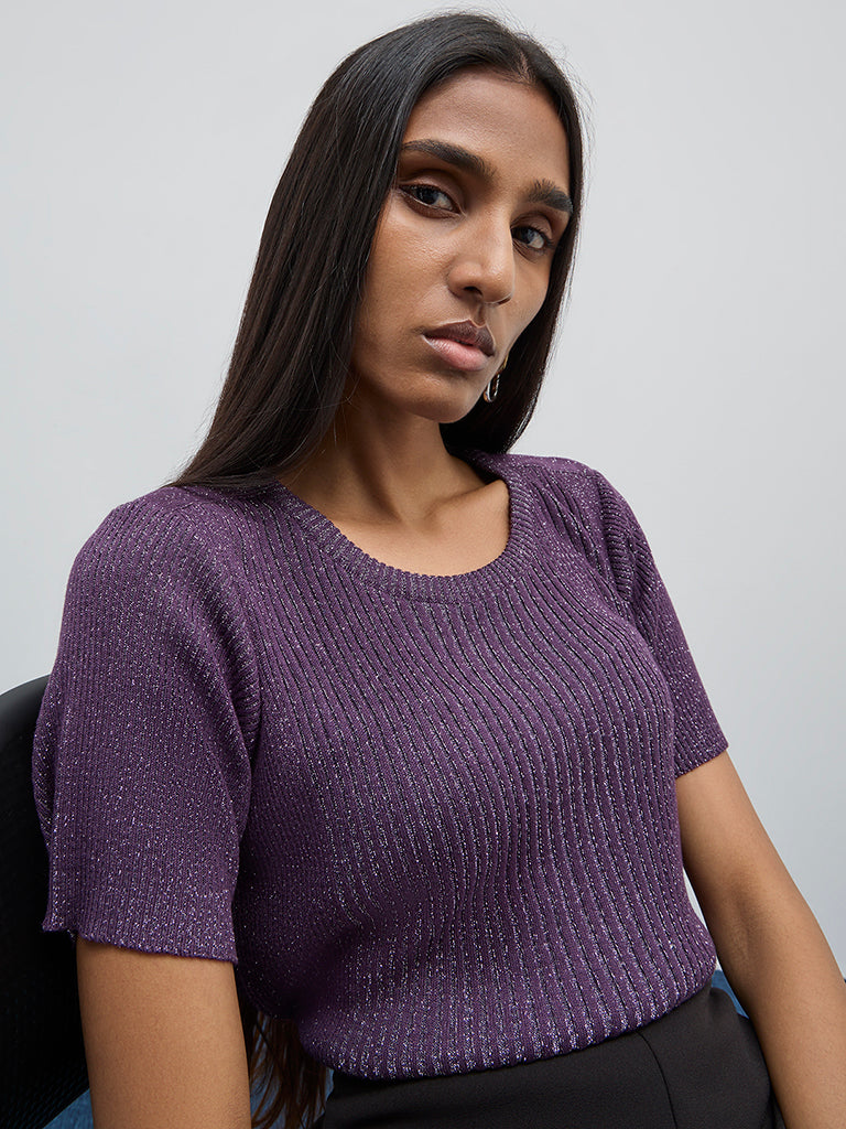 Wardrobe Purple Ribbed Glitter Top