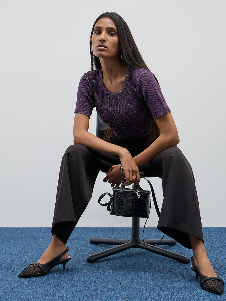 Wardrobe Purple Ribbed Glitter Top