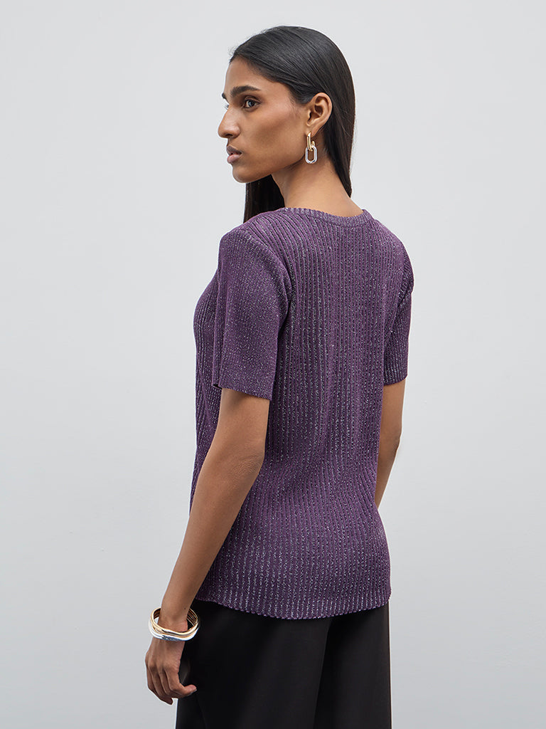 Wardrobe Purple Ribbed Glitter Top