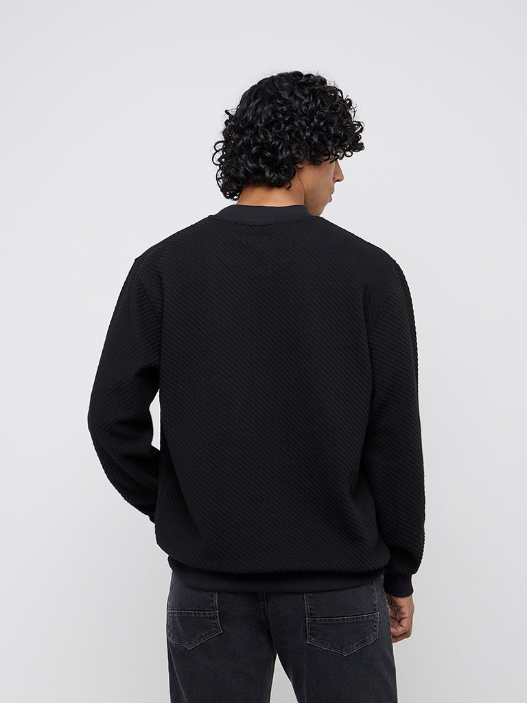 Westside Ascot Men's Black Ribbed Textured Relaxed-Fit Sweater for Winter Wear Back View