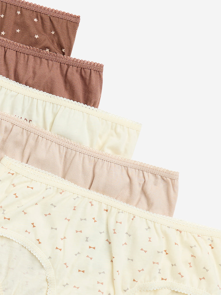 Westside Y&F Girl's Beige Printed Cotton Briefs - Pack of 5 for Casual Wear Zoomed View