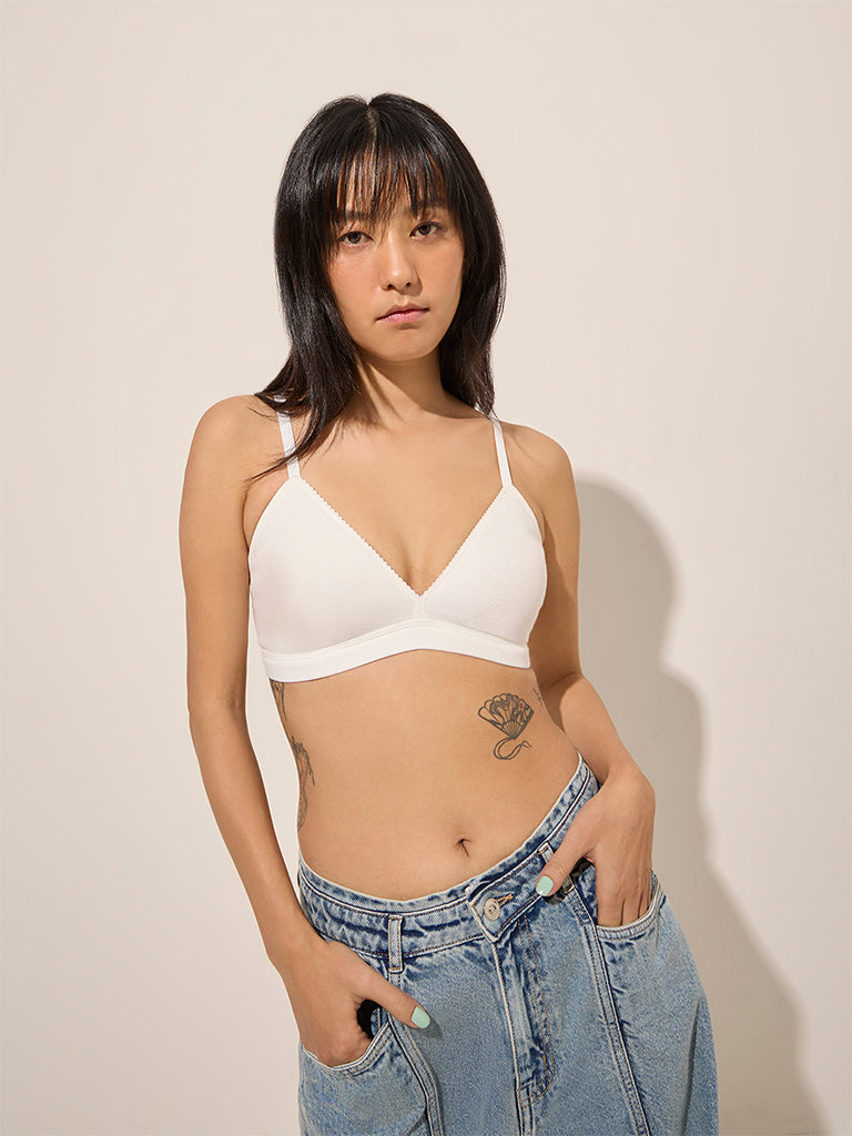 Superstar White Waffle-Textured Padded Cotton-Blend Bra