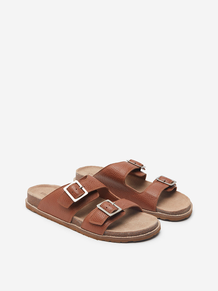 Buy SOLEPLAY Tan Textured Slip On Leather Sandals from Westside