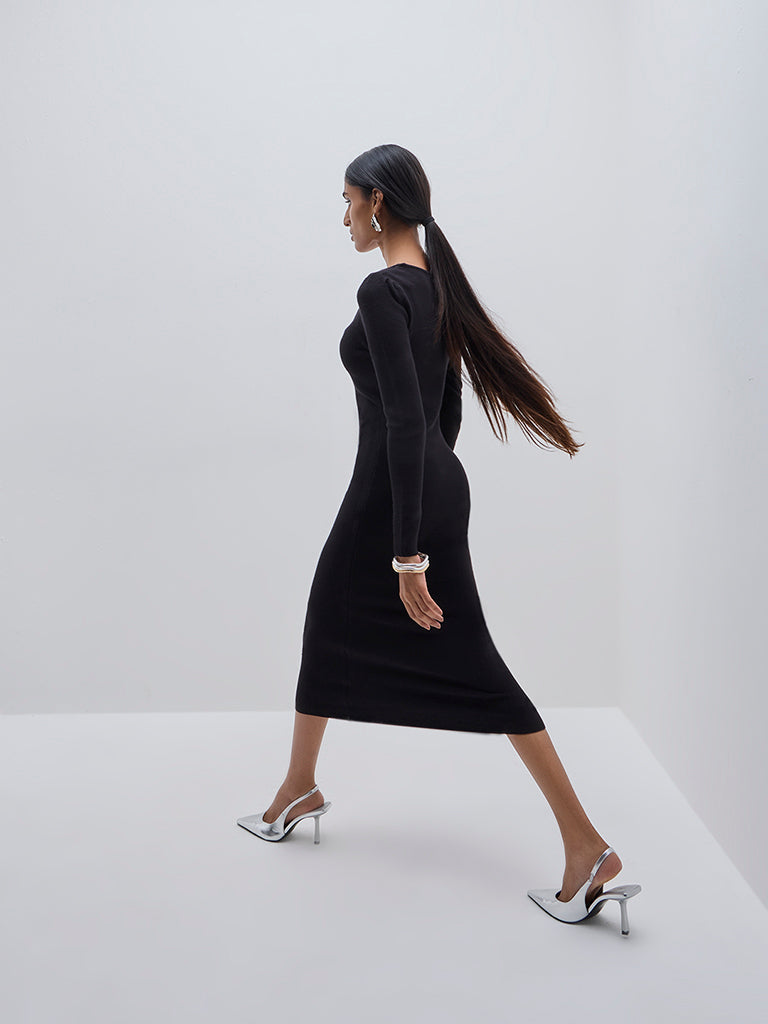 Wardrobe Black Ribbed Cotton-Blend Bodycon Dress