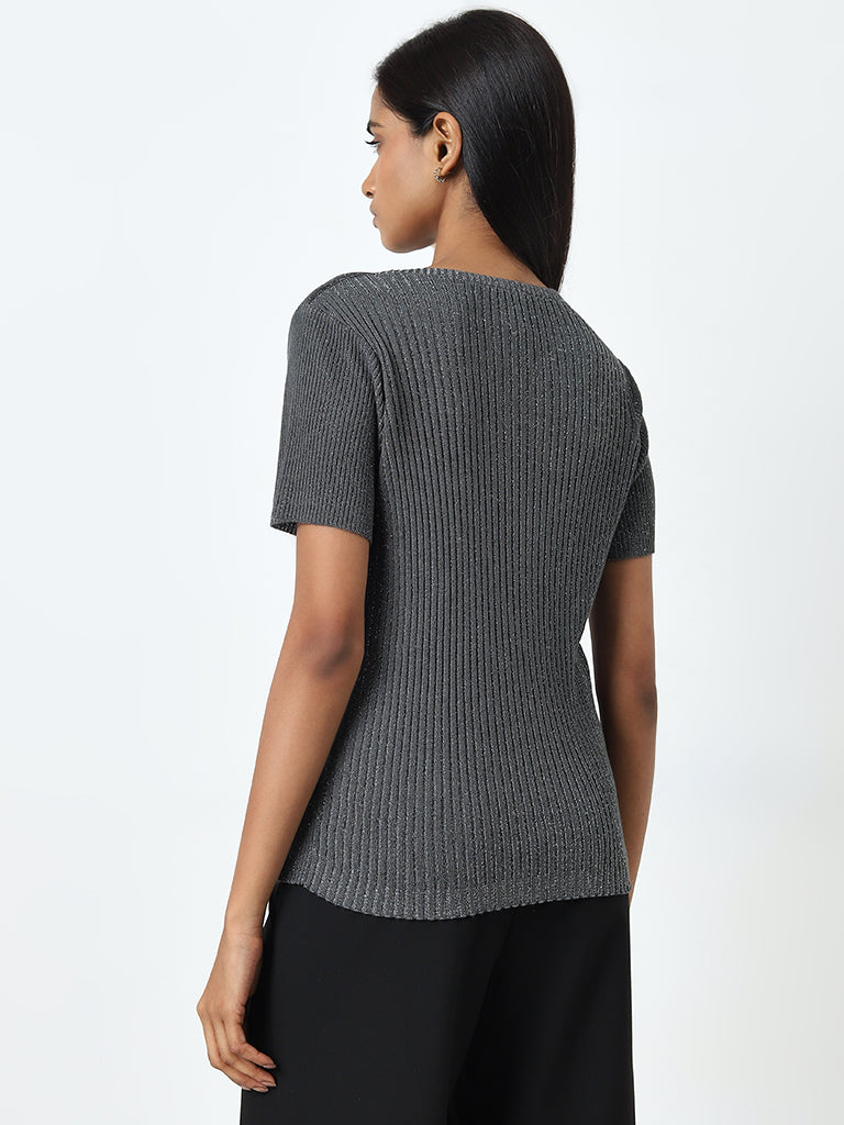 Wardrobe Dark Grey Ribbed Glitter Top