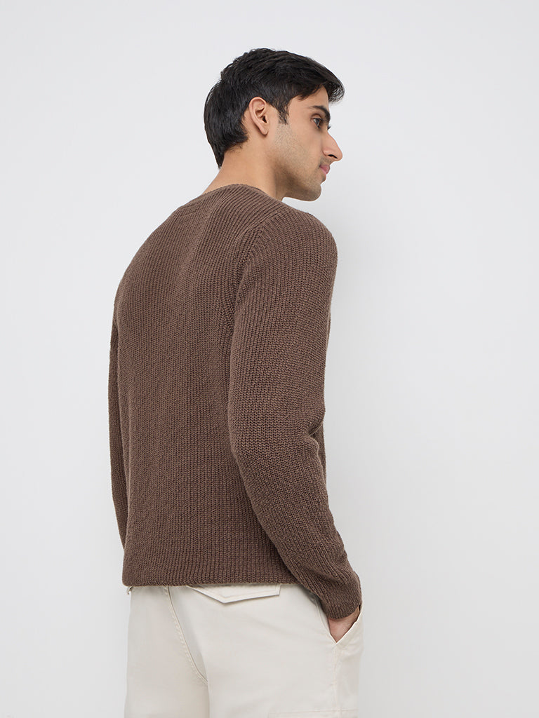 Westside WES Casuals Men's Dark Brown Knitted Relaxed-Fit Cotton Sweater for Winter Wear Back View